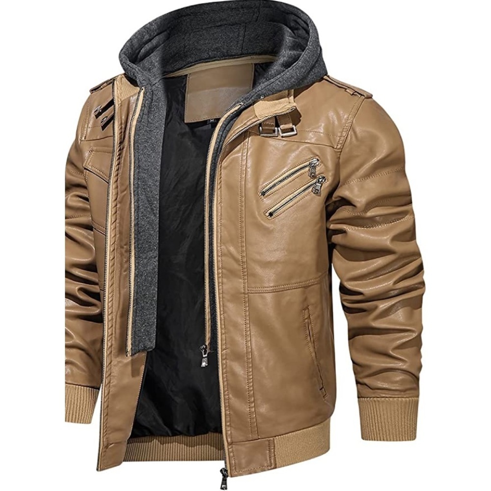 New Men's Removable Hood Vegan Leather Coat